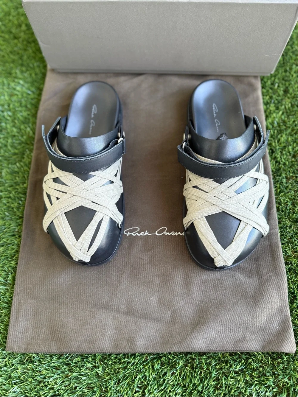 Rick Owens Mens Black Leather Slide Sandals with Cream Straps